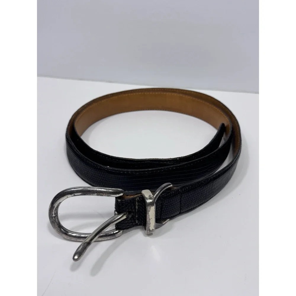 Orvis Mens Genuine Lizard Leather Belt 46 Black USA Workwear Western Buckle